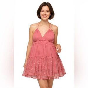 Teeraphique XL Pink Halter Tiered Ruffle Mini Dress Polka Dot Lace Trim